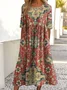 Women Ethnic Floral Crew Neck Short Sleeve Comfy Casual Maxi Dress