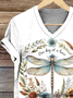 Casual Floral Dragonfly Print V Neck Short Sleeve T-shirt