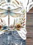 Casual Floral Dragonfly Print V Neck Short Sleeve T-shirt