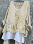 Vintage Easter Cute Bunny Pattern V Neck Long Sleeve T-shirt