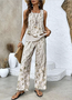 Women Floral Crew Neck Sleeveless Comfy Casual Two-Piece Set