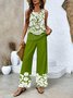Women Floral Crew Neck Sleeveless Comfy Casual Two-Piece Set