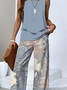 Women Paisley Crew Neck Sleeveless Comfy Casual Top With Pants Two-Piece Set