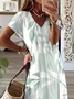 Women Floral Summer Printing Dress V Neck Short Sleeve T-Shirt Dress X-Line Dress