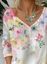 Casual Floral V Neck Long Sleeve T-shirt