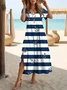 Women Striped V Neck Short Sleeve Comfy Casual Printing Maxi Dress
