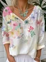 Casual Floral V Neck Long Sleeve T-shirt