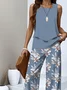 Women Floral Crew Neck Sleeveless Comfy Casual Top With Pants Two-Piece Set