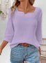 Notched Three Quarter Sleeve Plain Regular Loose Blouse For Women