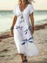 Women Dragonfly V Neck Short Sleeve Comfy Casual Printing Maxi Dress