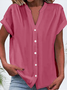 V Neck Short Sleeve Plain Buckle Regular Micro-Elasticity Regular Fit Button Up Shirt Shirt For Women