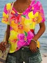 Casual Floral V Neck Short Sleeve T-shirt