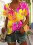Casual Floral V Neck Short Sleeve T-shirt