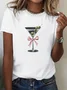 Casual Champagne Glass Pattern Crew Neck Short Sleeve T-shirt