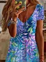 Women Floral V Neck Short Sleeve Comfy Casual Midi Dress