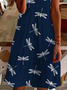 Women Dragonfly Summer Printing Dress V Neck Short Sleeve Fit & Flare Dress A-Line Dress