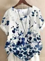 Crew Neck Short Sleeve Floral Art Print Casual Comfy Blouse For Women