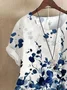 Crew Neck Short Sleeve Floral Art Print Casual Comfy Blouse For Women