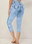 Casual Faux Denim Print Graphic Capris Elastic Waist Pant