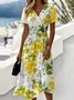 Women Leaf V Neck Short Sleeve Comfy Casual Maxi Dress