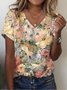 Casual Floral V Neck Short Sleeve T-shirt