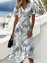 Women Leaf Summer Dress V Neck Short Sleeve Beach Dress A-Line Dress
