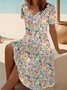 Women Floral V Neck Short Sleeve Comfy Casual Midi Dress