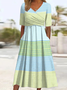 Women Striped V Neck Short Sleeve Comfy Casual Printing Maxi Dress