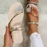 Large Size Women's Toe Sandals Summer New European And American Women's Beach Sandals Rhinestone Flower Flat Slippers