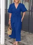 Women Plain V Neck Short Sleeve Comfy Casual Lace-up Maxi Dress