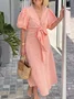 Women Plain V Neck Short Sleeve Comfy Casual Lace-up Maxi Dress