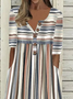 Women Striped Half Open Collar Half Sleeve Comfy Casual Printing Maxi Dress