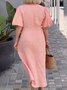 Women Plain V Neck Short Sleeve Comfy Casual Lace-up Maxi Dress