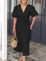 Women Plain V Neck Short Sleeve Comfy Casual Lace-up Maxi Dress