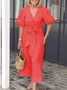 Women Plain V Neck Short Sleeve Comfy Casual Lace-up Maxi Dress