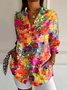 Colorful Floral Print Buckle Regular Loose Button Up Shirt For Women