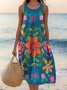 Women Floral Summer Dress Crew Neck Sleeveless A-Line Dress