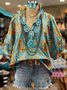 Shawl Collar Half Sleeve Ethnic Regular Loose Blouse For Women