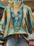 Shawl Collar Half Sleeve Ethnic Regular Loose Blouse For Women