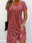 Women Ditsy Floral Summer Printing Dress Crew Neck Short Sleeve Tunic H-Line Dress