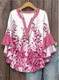 V Neck Half Sleeve Plants Regular Micro-Elasticity Regular Fit Blouse For Women