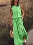 Women Plain Summer Split Joint Dress Crew Neck Sleeveless Tank A-Line Dress