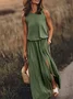 Women Plain Summer Split Joint Dress Crew Neck Sleeveless Tank A-Line Dress