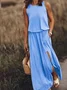 Women Plain Summer Split Joint Dress Crew Neck Sleeveless Tank A-Line Dress