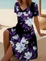 Women Floral Summer Printing Dress V Neck Short Sleeve Fit & Flare Dress A-Line Dress