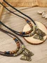 Artistic Retro Butterfly Alloy Multi-layer Wooden Beads Knotted Pullable Hand-woven Necklace
