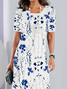 Women Floral Summer Printing Dress Crew Neck Short Sleeve Tunic H-Line Dress
