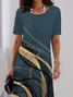 Women Abstract Summer Printing Dress Crew Neck Short Sleeve Tunic H-Line Dress