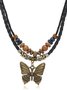 Artistic Retro Butterfly Alloy Multi-layer Wooden Beads Knotted Pullable Hand-woven Necklace