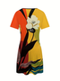 Women Abstract Summer Dress V Neck Short Sleeve Fit & Flare Dress A-Line Dress